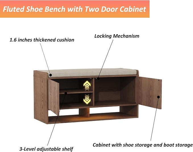 HOMEFORT 39.4" Fluted Shoe Storage Bench, Entryway Bench with Linen Seat Cushion, Shoe Cabinet Bench with Adjustable Shelf and Built-in LED Sensor Light, Bench for Bedroom End of Bed,Walnut - Image 8