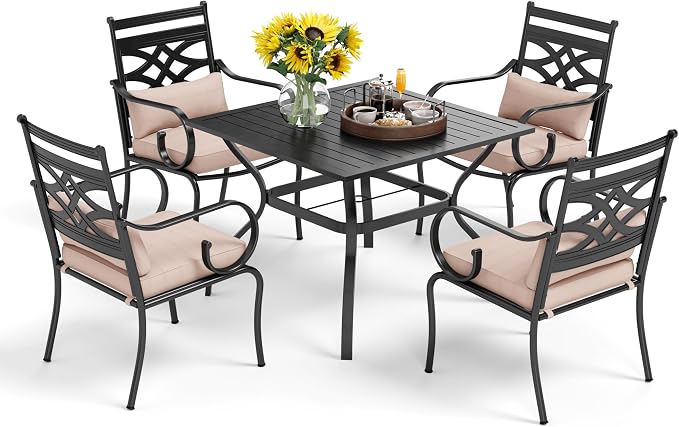 PHI VILLA 5 Pieces Outdoor Dining Set for 4, 37" Square Black Metal Table with Umbrella Hole & Wrought Iron Chairs, All Weather Large Outside Furniture with Cushions & Pillows for Patio, Deck, Porch - Image 9