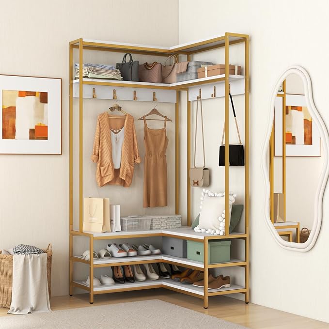 Tangkula Corner Hall Tree, 70 Inch Coat Rack with Bench and Shoe Storage, Entryway Furniture with 7 Hooks, Heavy Duty Metal Frame, Space Saving Clothes Rack Shoes Shelf Organizer (White) - Image 3