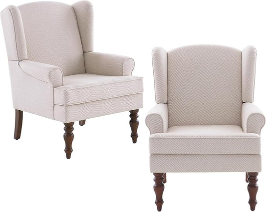 HUIMO Living Room Chair Upholstered High Back Armchair Retro Printed Wingback Chair in Linen for Bedroom & Study Comfy Accent Sofa Chair Reading Chair Holds 300lbs (2, Tan with Lines)