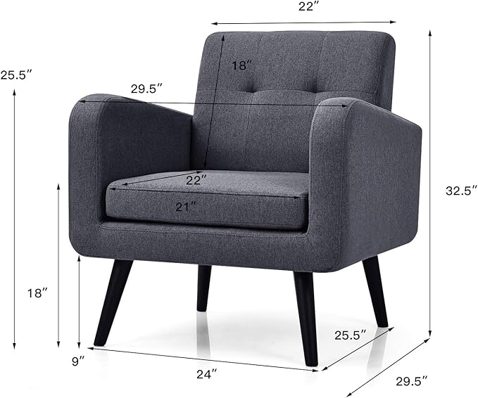 Giantex Upholstered Accent Chair, Modern Mid Century Linen Fabric Living Room Chair with Arms, Max Load 265 Lbs, Comfy Tufted Single Sofa for Reading, Bedroom, Office, Club, Grey