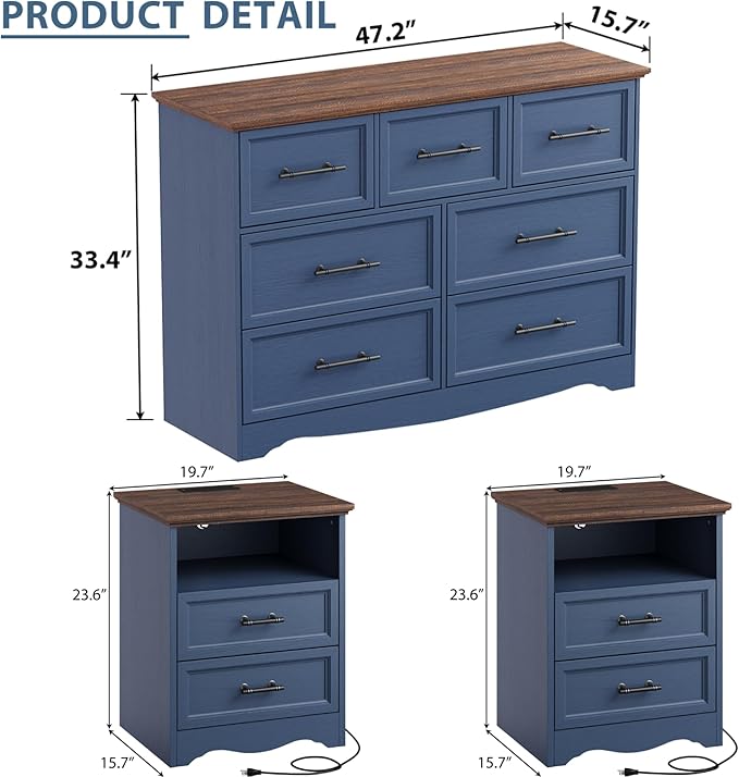 Bedroom Set, 3 Pieces Bedroom Furniture Set, Wood 7 Drawer Dresser and Nightstands with Charging Station, Farmhouse Storage Organizer Cabinet for Bedroom, Blue