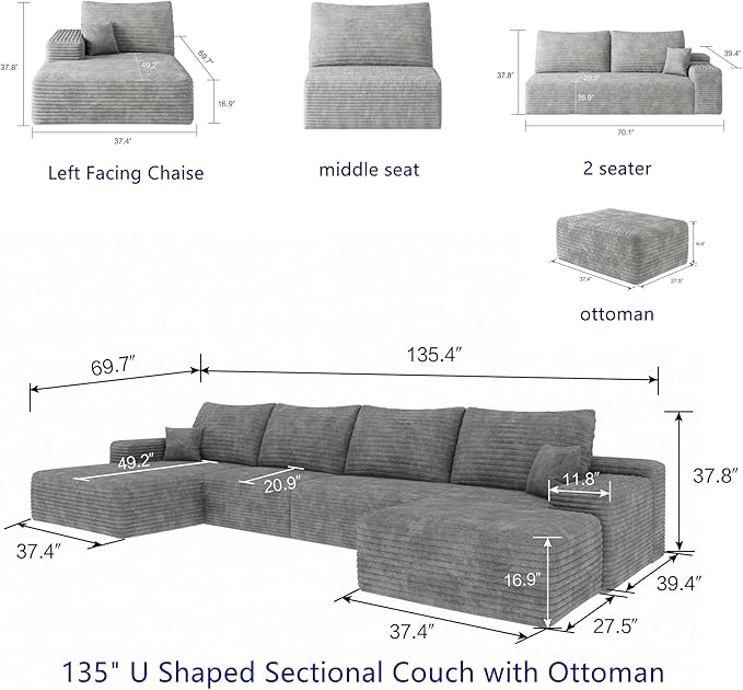 37.4" Plush Corduroy Ottoman, Upholstered Cloud Ottoman for Boneless Couch in a Box, Modular Sectional Couches for Living Room Bedroom, Compressed Memory Foam, No Assembly Require, Grey