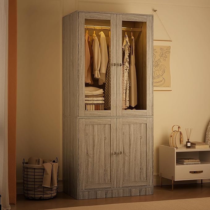 VOWNER 75" Tall Armoire Wardrobe Closet with Drawers & Lights, Clothing Storage Cabinet with 2 Glass Doors & Hanging Rod, Wooden Armoire Storage Cabinet for Bedroom (Grey Oak, 75''H)