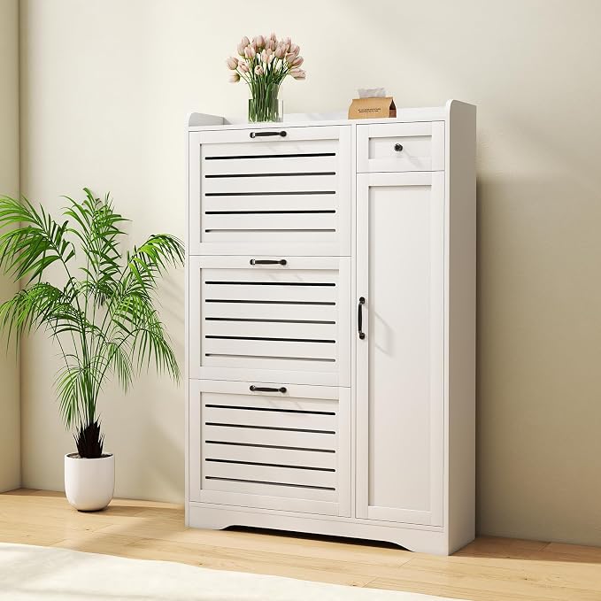 Narrow Shoe Storage Cabinet with 3 Flip Drawers, Doors & Adjustable Shelves, Slim Shoe Rack Cabinet for Entryway Closet, Deodorizing Wooden Boot Storage Organizer Freestanding Hidden, White - Image 8