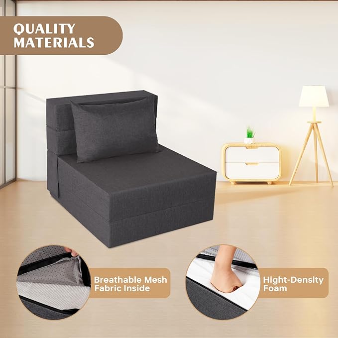 Folding Sofa Bed, Foldable Sleeper Chair with Washable Cover, Convertible Futon Sofa Bed with Pillow, Fold Out Couch for Living Room, Dorm, Guest Room, Single Size, Dark Grey