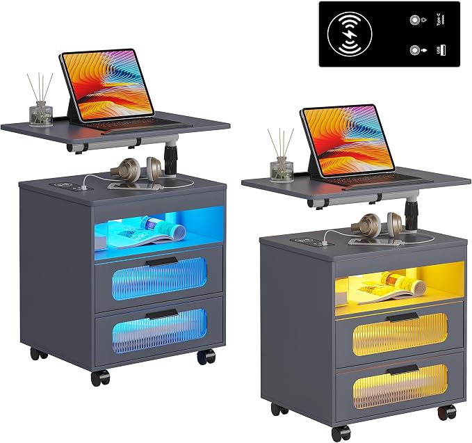 HNEBC LED Nightstand Set of 2 with Charging Station & Adjustable Overbed Desk, 3 Color LED Lights & Body Sensor, Mobile Bedside Table with Wheels, 2 Drawers & Open Shelf for Bedroom(Grey) by HNEBC