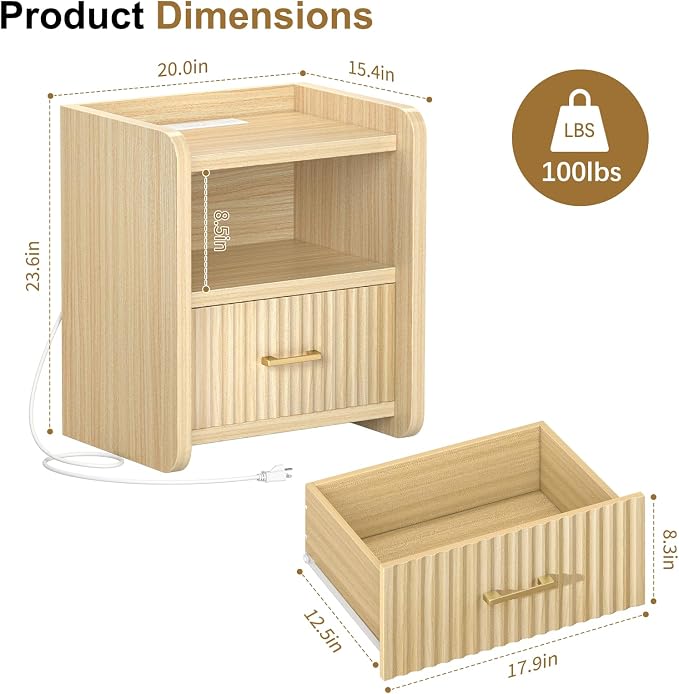 Night Stand with Charger Station, Fluted Wood Nightstand with Drawer Storage, Modern Bedside Table, Wide Nightstands for Bedroom, Mid Century Wooden Night Stands for Home Office Sofa Couch - Image 2
