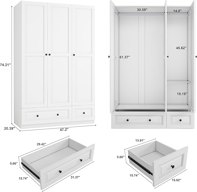 Armoire Wardrobe Closet with Drawer: Bedroom Wardrobe Closet for Hanging Clothes, Wood Cabinet for Clothes with Doors, Armoire with Shelves (White, 47")