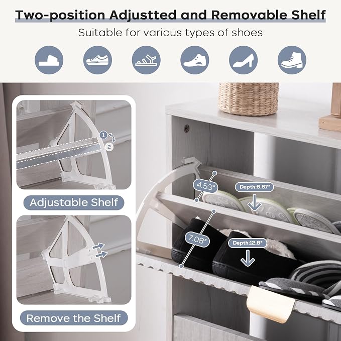 oakvivo Shoe Cabinet with 2 Flip Drawers, Freestanding Shoe Organizer with 4 Wooden feet, Modern Shoes Storage Cabinet for Entryway, Hidden Narrow Shoe Rack Cabinet for Foyer, Hallway, Mudroom, Grey - Image 4