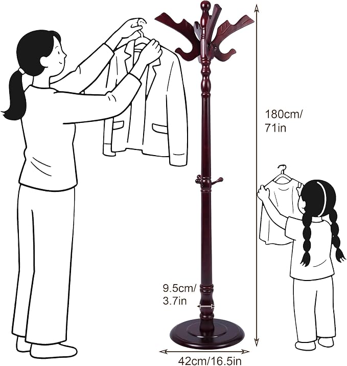 Wooden Coat Rack Freestanding with 11 Hooks Bird Style, 71'' Vintage Coat Racks Tree, Adjustable Height, Coat Hanger Stand with Sturdy Base, Coat Tree Hats Hanger for Living Room, Bedroom, Entryway - Image 2