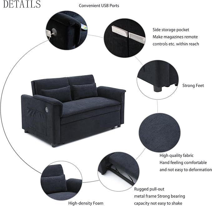 55" Convertible Loveseat Pull Out Sofa Bed for Living Room 3 in 1 Multi-Functional Sleeper Sofa Chaise Lounge Daybed Sofacama w/Adjustable Backrest,USB Ports,Side Pockets