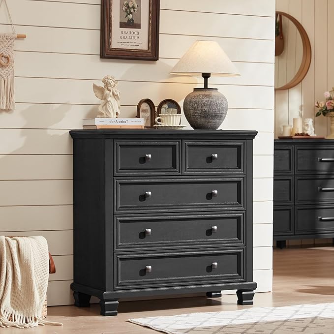 SAVOR LIFE Farmhouse Dresser and Nightstand Sets of 3, 6/5 Drawer Dresser & 2 Drawer Nightstand, Rustic Black Bedroom Furniture Set for Home, Bedroom, Hallway, Black
