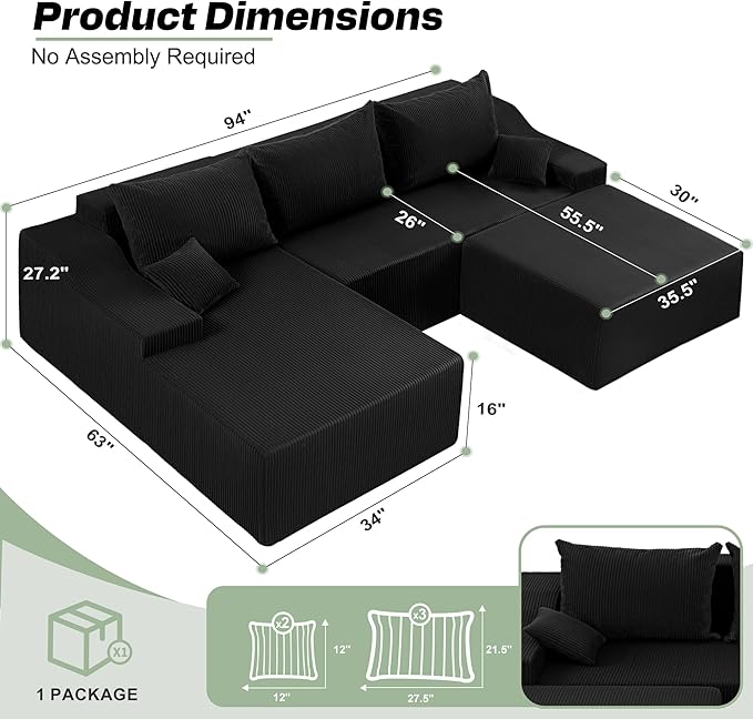 HABUTWAY 94“ U Shaped Modular Sectional Couch for Living Room, Modular Cloud Sofa with Ottoman, No Assembly Boneless Couches with Deep Seat, Corduroy Fabric (Black, Left Facing)