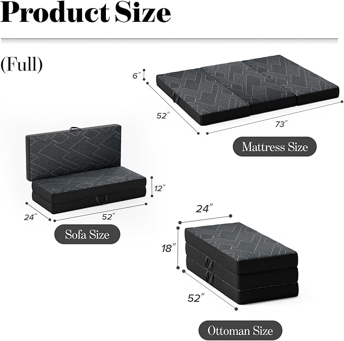 Tri Folding Mattress Full Size - Foldable Mattress Trifold Memory Foam Mat with Washable Cover, Handle & Non-Slip Bottom, Portable Foldable Floor Sofa Bed for Travel Camping Guest - 6 Inch, 73"x52"x6"