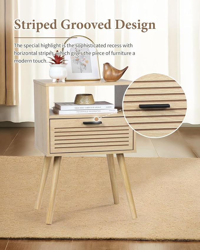2 Sets Striped Grooved Nightstand with Solid Wood Storage Drawer, Bedside Table for Bedroom Living Room Dorm, 2 Tier Modern Night Stands for Small Space, Minimalist Bed Table (Double Layer, 2 Sets) - Image 3