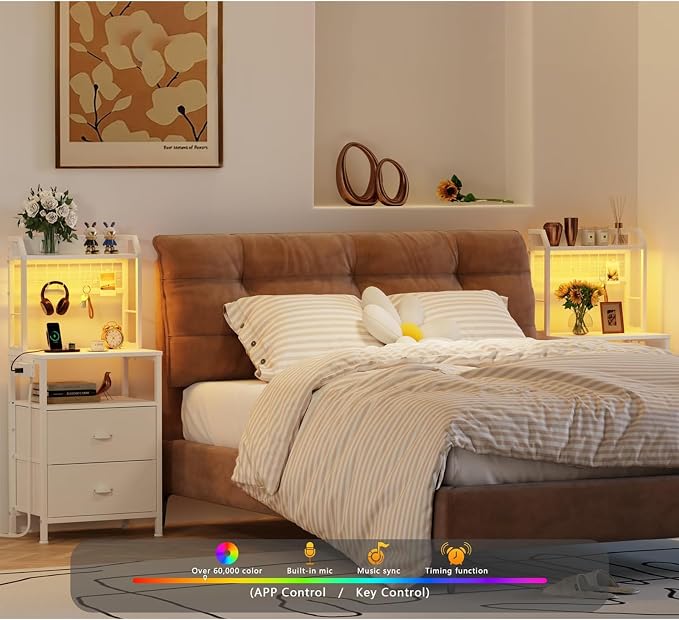 Furologee 40'' Tall Nightstand with Charging Station, Bedside Table with LED Lights, End Table with 2 Drawers and Storage Shelves, Night Stand with Pegboard for Bedroom, White - Image 2