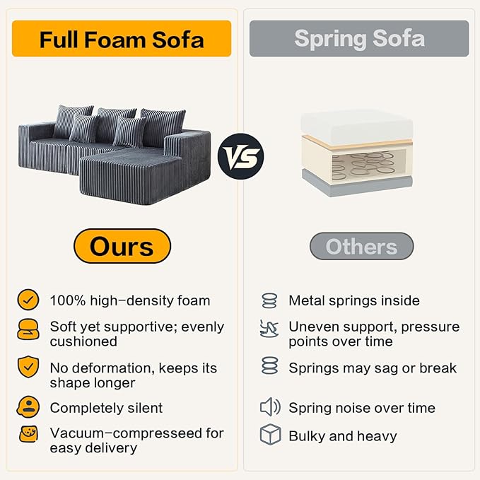 Boneless Couch, 101" Cloud Sectional Sofa with L Shaped Chaise, Deep Seat Sofa in a Box with 3 Modular Sections, Modern Corduroy Comfy Couch for Living Room, Grey