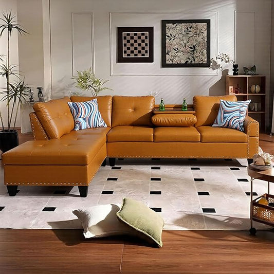 L Shape Sectional Couch with Chaise, 97.5 Inch Modular Sofa with Cup Holders, Sectional Couches for Living Room, Ergonomic Reclined Backrest, for Office and Small Apartment, Ginger