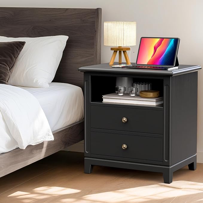 24" Wide Solid Wood Nightstand with Charging Station Set of 2, Farmhouse End Table with 2 Large Drawers & Open Shelf, Bedside Table with USB Ports and Outlets, Night Stand for Bedroom - Image 7
