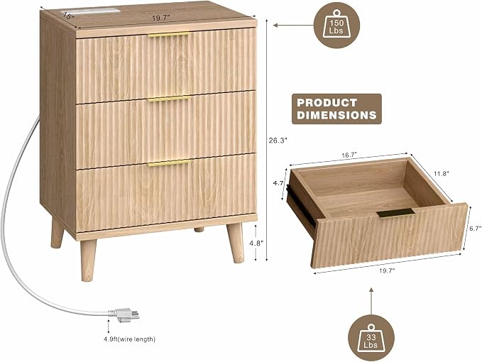 Fluted Night Stand, 20 inch Modern Nightstand with Charging Station Wood Bedside End Table with 3 Large Storage Drawers, Tall Side Table for Bedroom Sofa Office, Oak Natural - Image 2