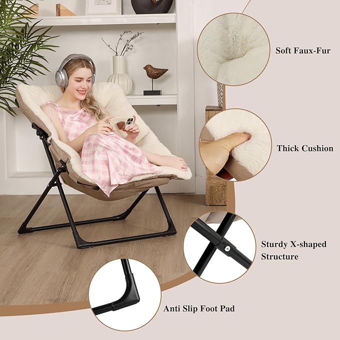 Comfy Saucer Chair for Adults, Soft Faux Fur Bedroom Chair, Accent Dorm Chairs, Flexible Living Room Reading Chairs, Oversized Folding Seat for Teens, X-Large, Beige