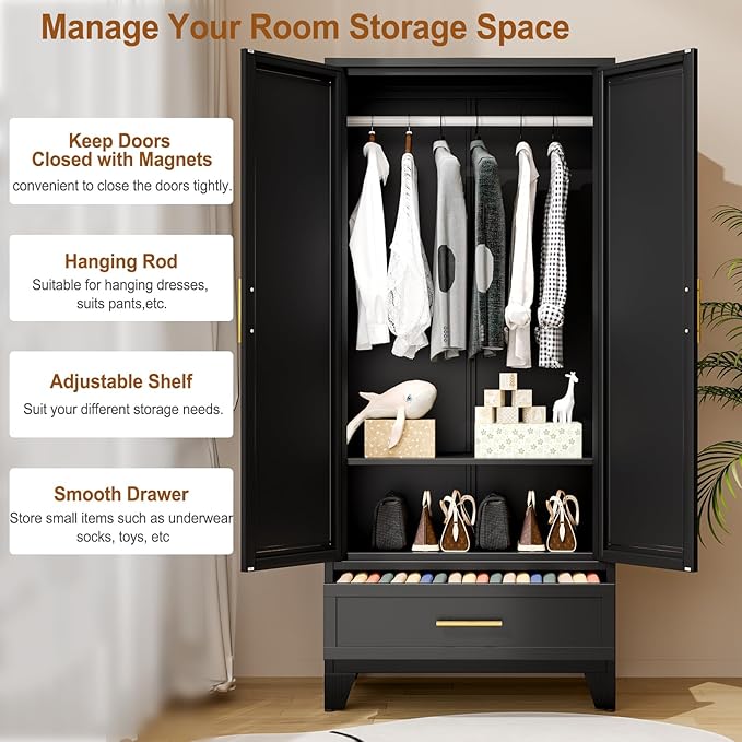 Metal Armoire Wardrobe Closet Storage Cabinet with Mirror Black, 71'' Wardrobe Cabinet with Hanging Rod Metal Closet with Adjustable Shelf and Drawer for Bedroom, Laundry Room, Cloak Room