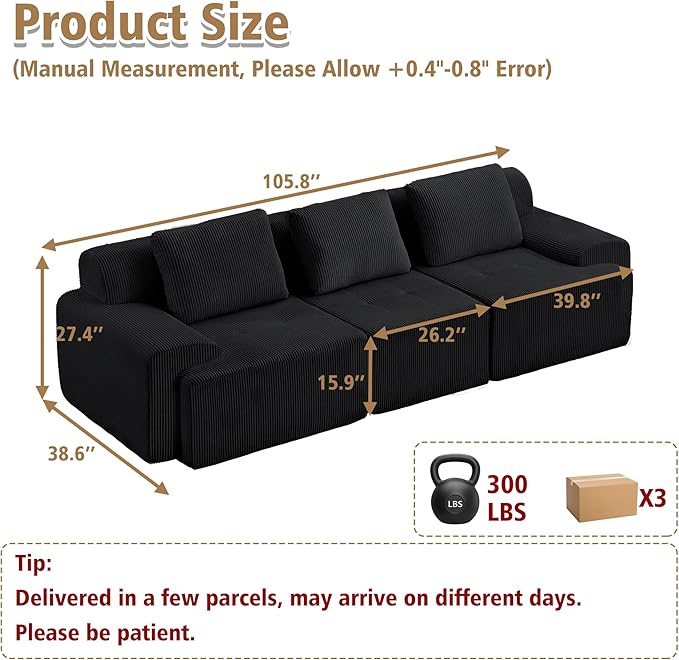 KIGOTY Modular Sectional Sofa, 3 PCS Comfy Cloud Sectional Couch with Deep Seat, Corner Sofas, Modern Boneless Couch for Living Room, No Assembly Required,Black