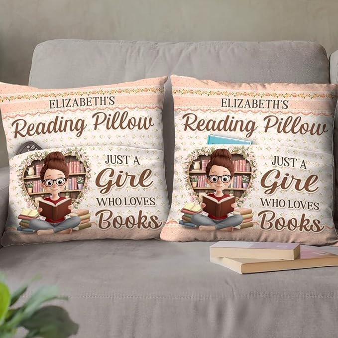 Personalized Reading Pillow, Bookish Gifts for Book Lovers, Bookworms, Readers, Booknerd, Just A Girl Who Loves Books, Reading Gifts for Women, Librarian Gift, Cushion Home Decor Pillow