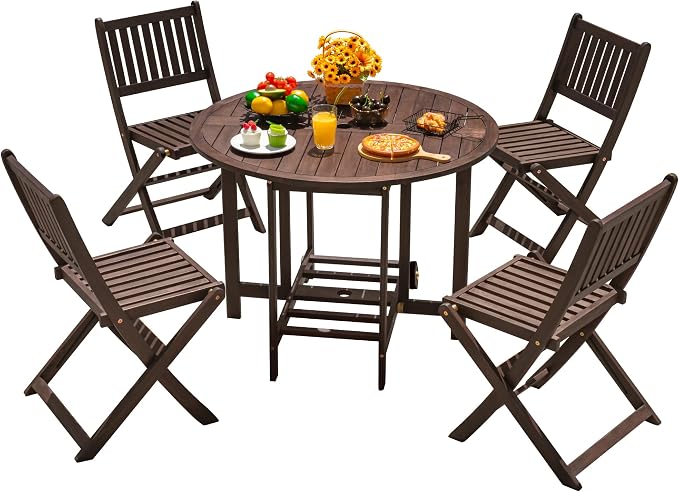 Devoko 5 PCS Patio Furniture, Patio Dining Set Acacia Wood Outdoor Table and Chairs, with 4 Folding Chairs and 37" Round Movable Table, Outdoor Dining Set for Lawn, Balcony, Garden (Deep Brown) by DEVOKO