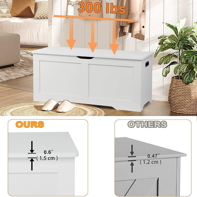 Timberer 39.4" Storage Chest, Wooden Storage Bench, Lift Top Toy Chest with 2 Safety Hinges, Large Toy Box, Entryway Bench for Living Room, Bedroom, White - Image 5