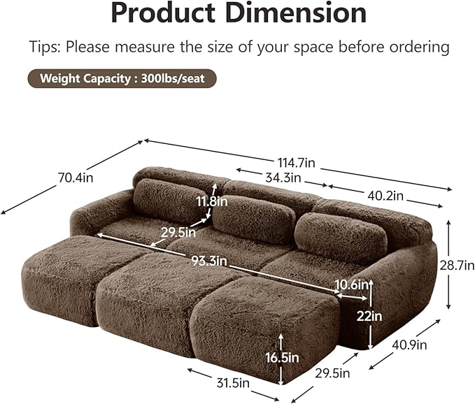 114.7" Sectional Sofa Bed, 6-Seater Modular Sleeper Boneless Couch with Movable Ottoman, Plush Convertible Sofa Set Deep Seat Couches for Living Room, Bedroom and Apartment, Chocolate