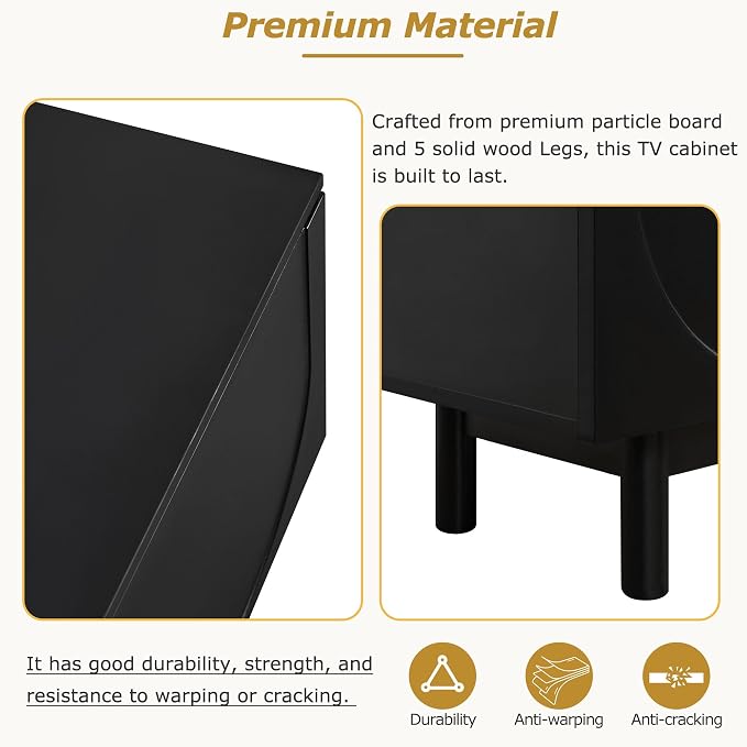 ON-TREND Graceful TV Stand with Arch Cabinets for TVs Up to 78'', Minimalist Entertainment Center with Solid Wood Legs, Practical Media Console with Adjustable Shelves for Living Room, Black - Image 6