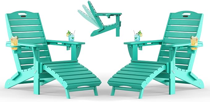 Adjustable Adirondack Chairs Set of 2 with Retractable Ottoman, HDPE Folding Adirondack Chair with Cup Holders, Weather Resistant for Backyard, Poolside & Fire Pit (Lake Blue) by Suunyn