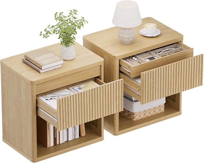XIAO WEI Set of 2 Natural Wood Fluted Nightstands with Hidden Drawer, 22.8" Wide Mid Century Modern Bedside Table with Open Shelf, Large Accent End Table, Curved Safety Design by XIAOWEI