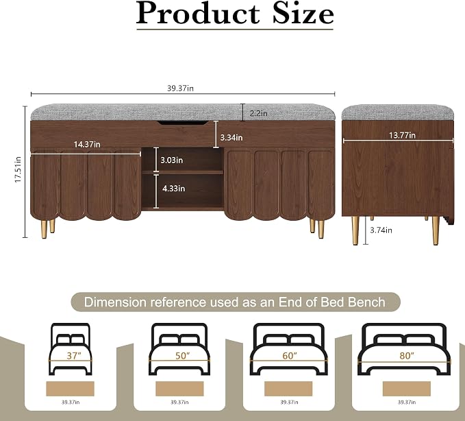 3More 40" Entryway Shoe Storage Bench,Upholstered Hidden Space Beneath Seat Cushion Bench,2-Tier Unique Geometric Shape with Wood Grain,Walnut - Image 2