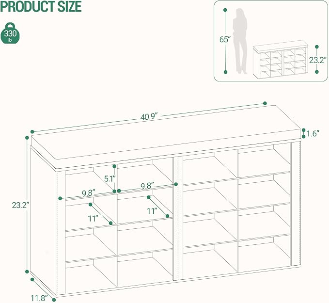 Hzuaneri Shoe Bench with Cushion, Entryway Storage Bench with 16 Cubbies, Cubby Shoe Rack with Adjustable Shelves, Shoe Organizer Cabinet for Living Room, Bedroom, Entryway, Rustic White SB25614KA - Image 3