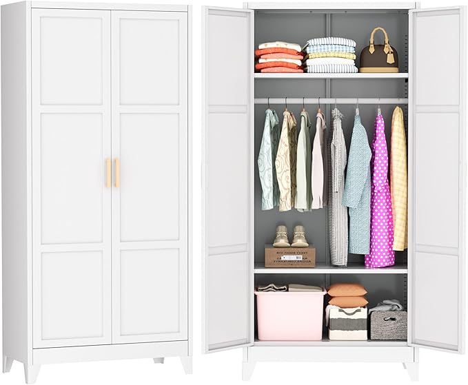 Greenvelly Metal Wardrobe Cabinet, 19" D x 34" W x 71" H Metal Wardrobe Closet with Hanging Rods and Adjustable Shelves,Clothing Storage Closet Cabinet for Bedroom, Cloak Room, Laundry Room (White)