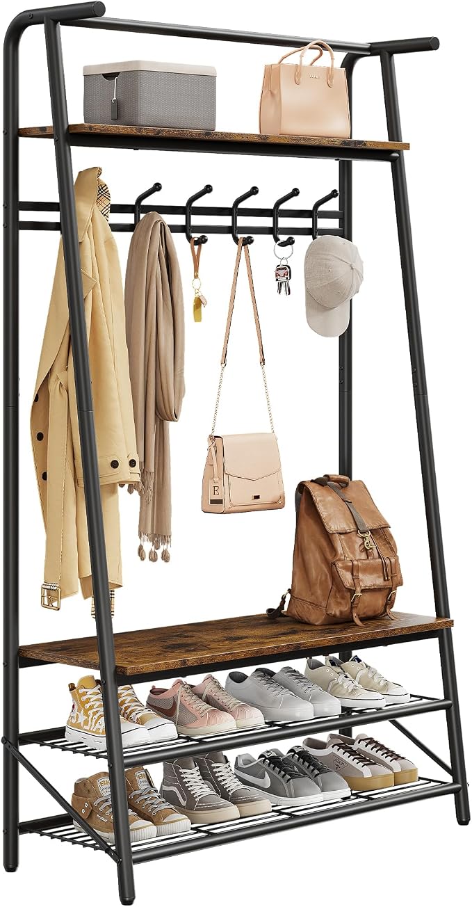 Multi-Functional Hall Tree Coat Rack with Bench & Shoe Storage – Freestanding Metal Frame, 5 Hooks, Clothes Rail – Ideal for Entryway, Hallway, Mudroom – Rustic Brown – 100 Single Row Hooks - Image 5