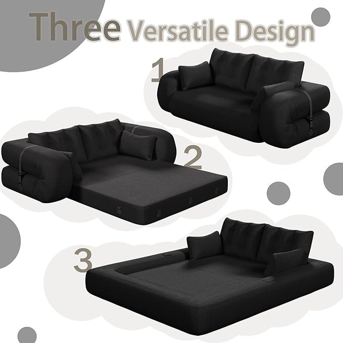 78.7" Convertible Sofa Bed, 3-in-1 Folding Floor Couch with 4 Pillows, Sleeper Sofa for Living Room and Guest Bed, No Assembly Required (Black, Teddy Fabric)