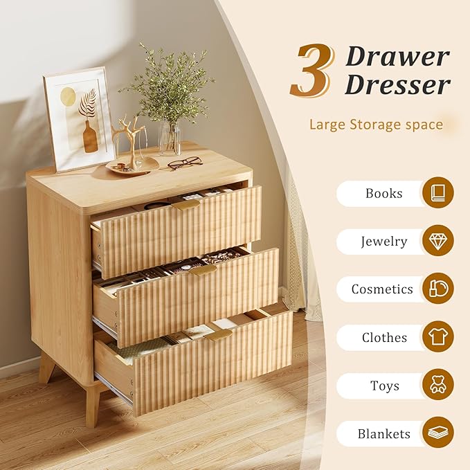 LYNCOHOME Fluted Night Stand with 3 Drawers, Modern Wood Chest of Bedside Table with Curved Profile, Fluted Dresser Organizer for Bedroom - Image 3