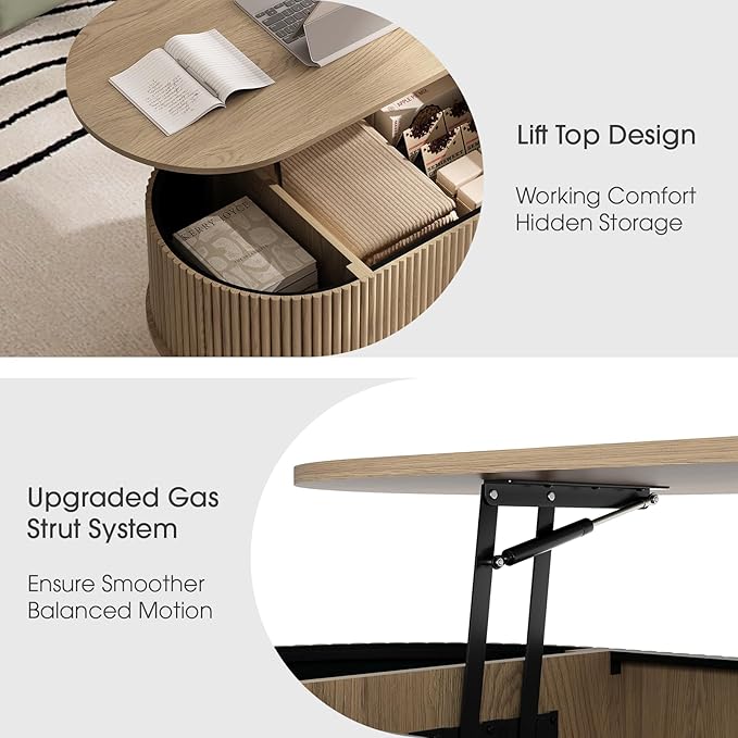 42.5" Oval Lift Top Coffee Table with Storage, Mid Century Modern Oak Center Table with Fluted Design, Solid Wood Legs & Hidden Compartment, Pop Up Cocktail Table for Living Room