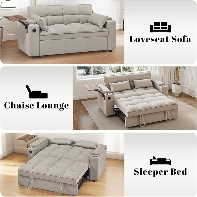 Rovibek 3 in 1 Sofa Bed, 65 Inch Convertible Pull Out Couch with USB and Type-C Ports, Loveseat Sleeper Bed with Small Table, 3 Level Adjustable Backrest for Living Room, Khaki