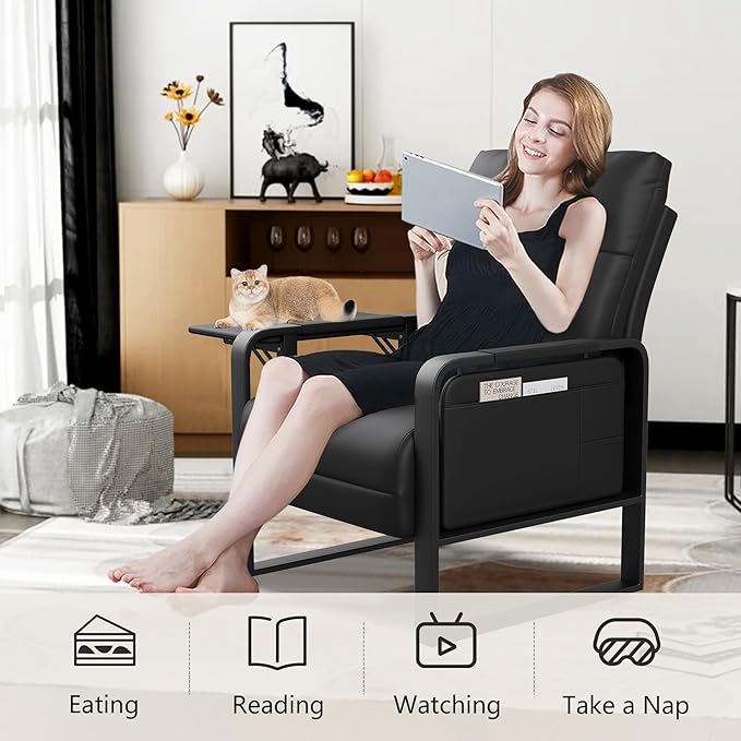 Upholstered Living Room Chair Armchair Set of 2, Mid Century Faux Leather Metal Accent Chair, Reception Couch Slipper Club Lounge Chair Guest Comfy Single Sofa with Sidetable-Black