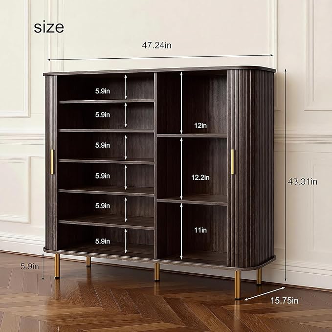 Shoe Cabinet Storage for Entryway: 6-Tier Shoe Cabinet with Adjustable Shelves & Sliding Doors, Mid-Century Modern Freestanding Shoe Storage Organizer for Entryway, Hallway, Living Room - Image 2