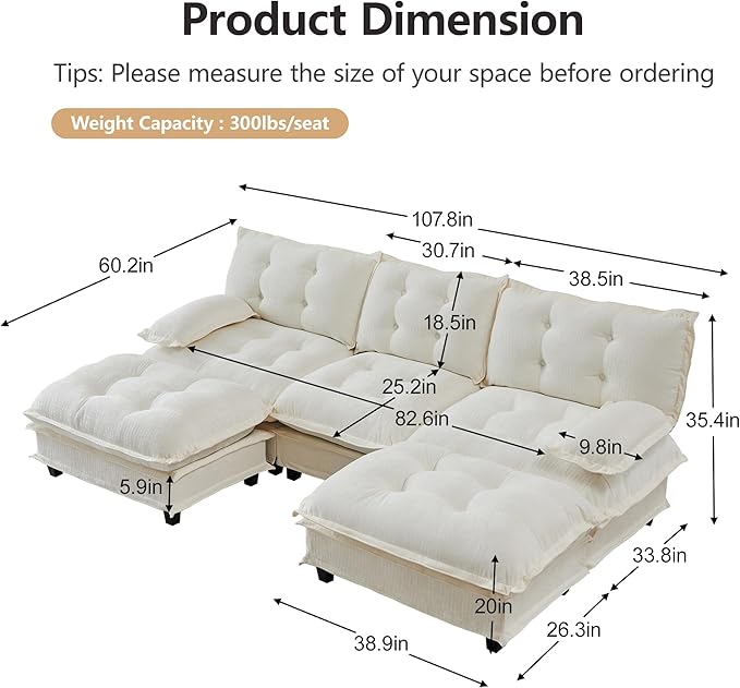 108" U Shaped Modular Sectional Sofa Couches for Living Room, Cloud Couch with Movable Ottomans, Comfy Chenille Sofa with Pillow-top Armrest for Bedroom Apartment | Free Combination, Tufted