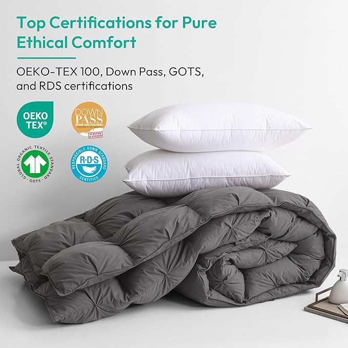 Three Geese Pinch Pleat Feather Down Fiber Comforter - All-Season Down Duvet Insert Fluffy Baffle Box Design with 8 Corner Loops for Warmth and Softness.