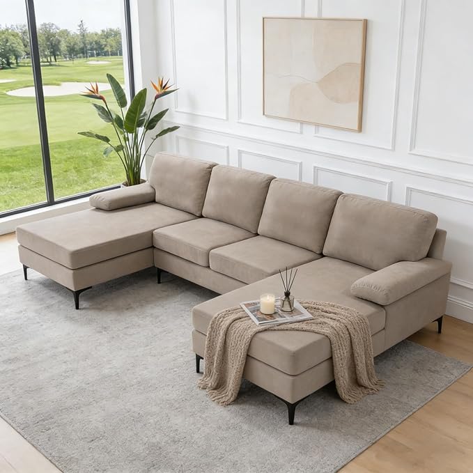 106" U-Shape Sectional Couches with Double Chaise, Upholstered Sofa with Polyester Blend Fabric, Modern 4 Seat Modular Sofa with Sturdy Metal Legs for Living Room, Apartment, Khaki