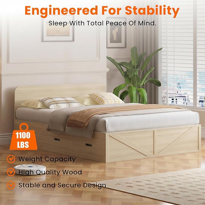 CECER Murphy Bed Queen with Mattress Include，Murphy Bed Queen with Storage Drawers，Multi-Functional Desgin that Converts to Sofa Set for Small Spaces/Guest Room/Bedroom（Natural Wood）