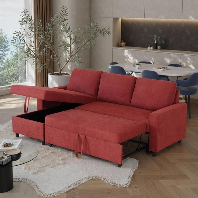Convertible Sofa Bed Couch, 2 Seat Solid Wood Sectional Couches for Living Room with Storage, Sleeper Sofa Couch with Pullout Bed for Apartment, Red